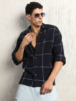Hubberholme - Oversized Cotton Casual Check Waffel Double Pocket Full Sleeve Shirt