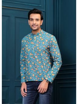 Hatheli - Pure Cotton Blue Floral Printed Straight Kurta