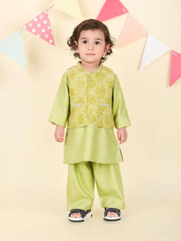 Fabindia - Green Printed Kurta with Pant and Nehru Jacket