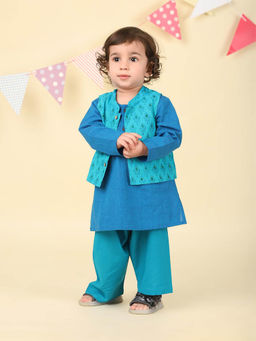 Fabindia - Blue Cotton Hand Block Printed Kurta with Pyjama and Nehru Jacket