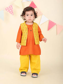 Fabindia - Yellow Cotton Printed Kurta with Pant and Nehru Jacket