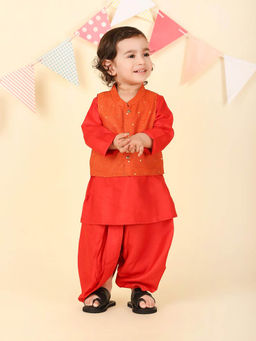 Fabindia - Red Hand Block Printed Kurta with Dhoti and Nehru Jacket