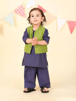 Fabindia - Navy Blue Cotton Kurta with Pyjama and Nehru Jacket