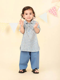 Fabindia - Blue Cotton Hand Block Printed Kurta with Pyjama