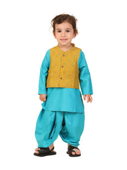 Fabindia - Blue Hand Block Printed Kurta with Dhoti and Nehru Jacket