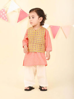 Fabindia - Pink Cotton Hand Block Printed Kurta with Pyjama and Nehru Jacket