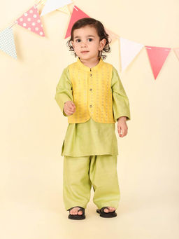 Fabindia - Lime Green Kurta with Pyjama and Nehru Jacket