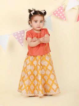 Fabindia - Coral Cotton Silk Blend Hand Block Printed Choli with Lehenga