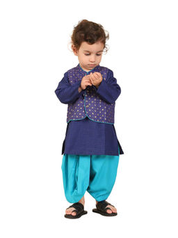 Fabindia - Blue Hand Block Printed Kurta Dhoti and Nehru Jacket