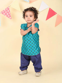 Fabindia - Blue Cotton Silk Printed Kurta with Salwar