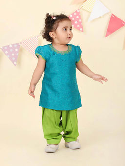 Fabindia - Teal Cotton Silk Printed Kurta with Salwar