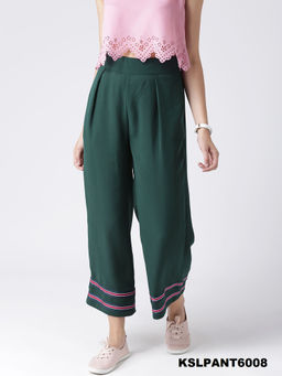 KASSUALLY - Women Green Loose Fit Solid Wide Mid Waist Pant