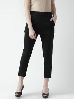 KASSUALLY - Women Black Slim Fit Solid Cropped Mid Waist Pant
