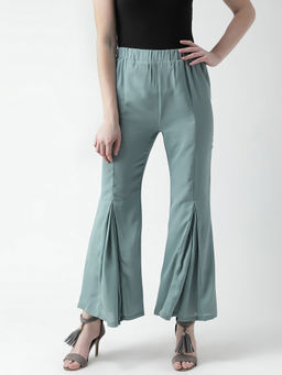 KASSUALLY - Women Green Comfort Fit Solid Flared Mid Waist Pant