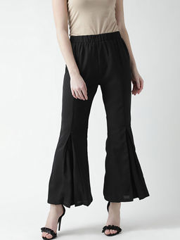 KASSUALLY - Women Black Comfort Fit Solid Flared Mid Waist Pant