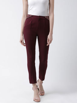 KASSUALLY - Women Wine Regular Fit Embroidered Straight Mid Waist Pant