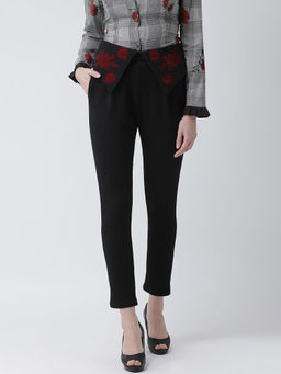 KASSUALLY - Women Black Regular Fit Embroidered Straight Mid Waist Pant