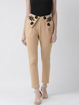 KASSUALLY - Women Beige Regular Fit Embroidered Straight Mid Waist Pant
