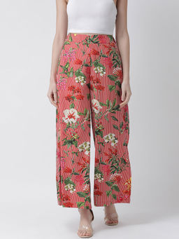 KASSUALLY - Women Red Straight Fit Floral Flared High Waist Palazzo