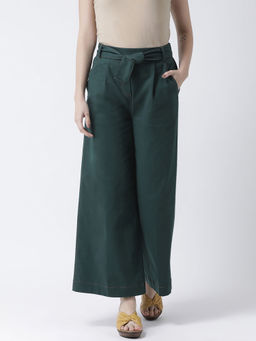 KASSUALLY - Women Green Regular Fit Solid Flared Mid Waist Pant