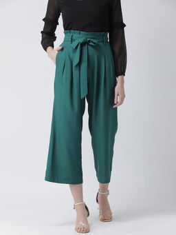 KASSUALLY - Women Green Regular Fit Solid Wide Mid Waist Pant