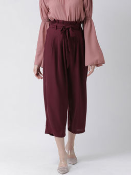 KASSUALLY - Women Wine Regular Fit Solid Wide Mid Waist Pant