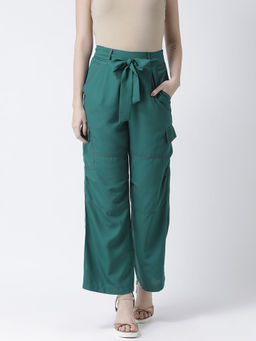 KASSUALLY - Women Green Regular Fit Solid Wide Mid Waist Pant