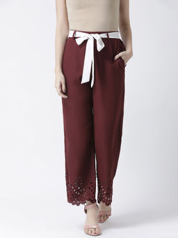 KASSUALLY - Women Wine Regular Fit Self Design Wide Mid Waist Pant