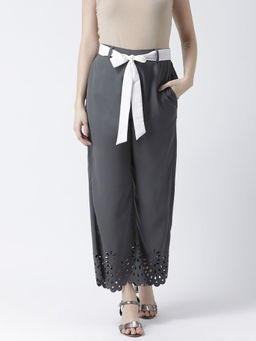 KASSUALLY - Women Grey Regular Fit Self Design Wide Mid Waist Pant