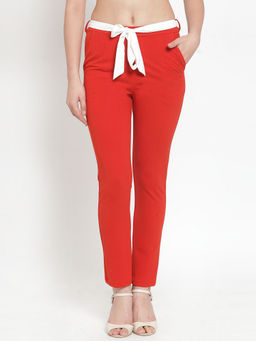 KASSUALLY - Women Red Slim Fit Solid Straight High Waist Pant