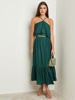Styli - Green Halter Neck Frill Crop Top And Flared Midi Skirt Co-ord Set (Set of 2)