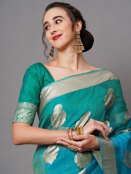 Sareemall - Teal Blue Party Wear Organza Woven Design Saree with Unstitched