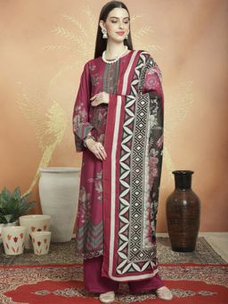 Stylee LIFESTYLE - Wine Muslin Digital Print Unstitched Kurta, Bottom & Dupatta (Set of 3)
