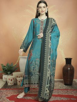 Stylee LIFESTYLE - Teal Muslin Digital Print Unstitched Kurta, Bottom & Dupatta (Set of 3)