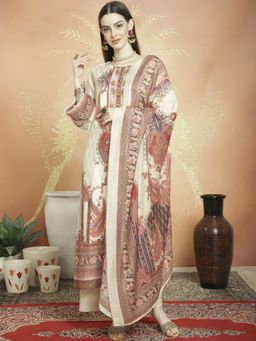 Stylee LIFESTYLE - Beige Muslin Digital Print Unstitched Kurta, Bottom & Dupatta (Set of 3)