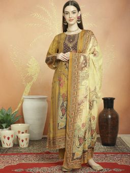 Stylee LIFESTYLE - Mustard Muslin Digital Print Unstitched Kurta, Bottom & Dupatta (Set of 3)