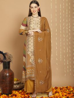 Stylee LIFESTYLE - Mustard Muslin Digital Print Unstitched Kurta, Bottom & Dupatta (Set of 3)