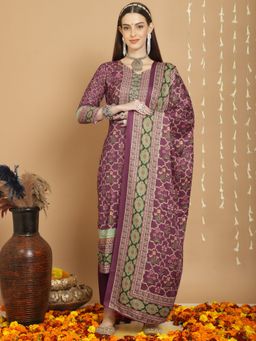 Stylee LIFESTYLE - Purple Pashmina Digital Print Unstitched Kurta, Bottom & Dupatta (Set of 3)