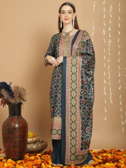 Stylee LIFESTYLE - Teal Pashmina Digital Print Unstitched Kurta, Bottom & Dupatta (Set of 3)