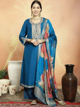 Stylee LIFESTYLE - Teal Raw Silk Embroidered Unstitched Kurta, Bottom & Dupatta (Set of 3)