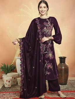 Stylee LIFESTYLE - Purple Velvet Embroidered Unstitched Kurta, Bottom & Dupatta (Set of 3)