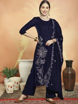 Stylee LIFESTYLE - Navy Blue Velvet Embroidered Unstitched Kurta, Bottom & Dupatta (Set of 3)