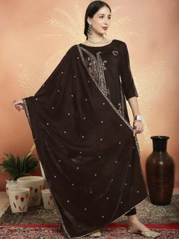 Stylee LIFESTYLE - Brown Velvet Embroidered Unstitched Kurta, Bottom & Dupatta (Set of 3)