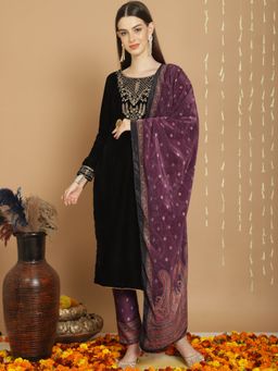 Stylee LIFESTYLE - Black Velvet Embroidered Unstitched Kurta, Bottom & Dupatta (Set of 3)