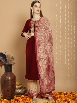 Stylee LIFESTYLE - Maroon Velvet Embroidered Unstitched Kurta, Bottom & Dupatta (Set of 3)