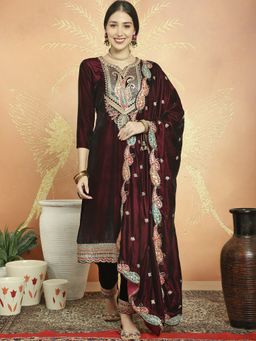Stylee LIFESTYLE - Maroon Velvet Embroidered Unstitched Kurta, Bottom & Dupatta (Set of 3)