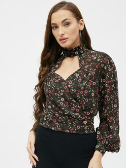 Kibo - Women Georgette High Neck Frill Crop Top