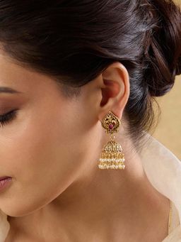 Indinoor - Temple Pearl Jhumkas Earrings
