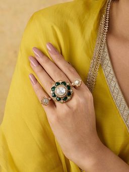 Indinoor - Green Kundan Polki Two-Finger Ring