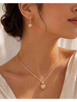 Silvpop Jewels - Mosaique Coeur Lumiere Gold Plated White Pendant Necklace With Earrings